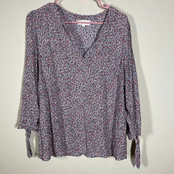 Cynthia Rowley Women's 3/4 Tie Sleeve V-Neck Floral Blouse Large Pink Black! - Picture 1 of 6
